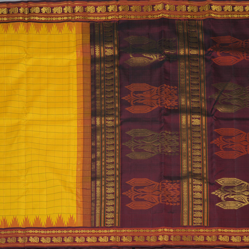 Hayagrivas Handloom Yellow Kanjivaram Silk Saree with Wine Border KBF101D2-1