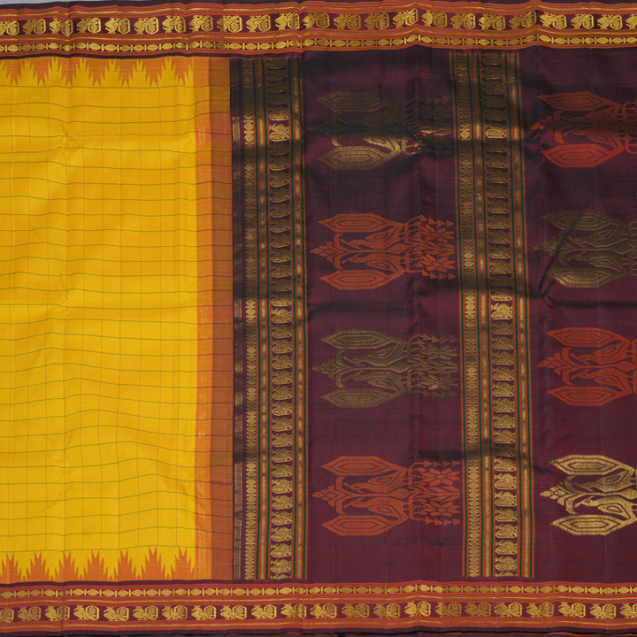 Hayagrivas Handloom Yellow Kanjivaram Silk Saree with Wine Border KBF101D2-1