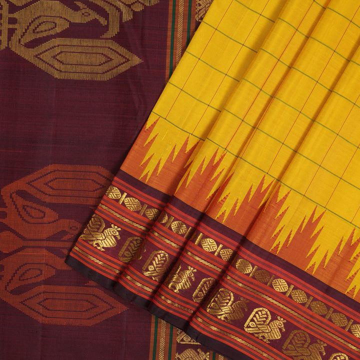 Hayagrivas Handloom Yellow Kanjivaram Silk Saree with Wine Border KBF101D2-1