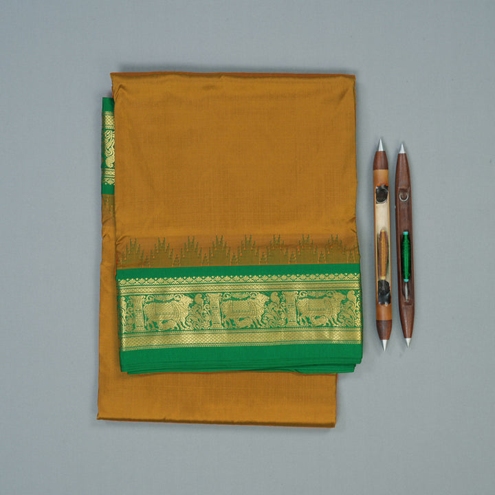 Hayagrivas Handloom Golden Mustard Ten Yards Silk Saree with Green Border KBF102D1-8