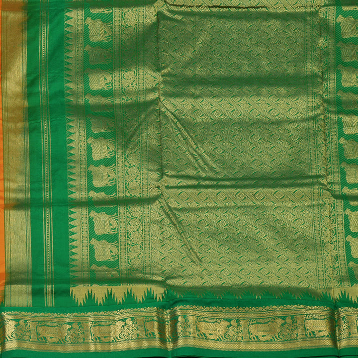 Hayagrivas Handloom Golden Mustard Ten Yards Silk Saree with Green Border KBF102D1-8