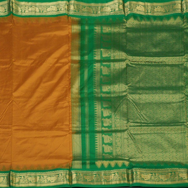 Hayagrivas Handloom Golden Mustard Ten Yards Silk Saree with Green Border KBF102D1-8