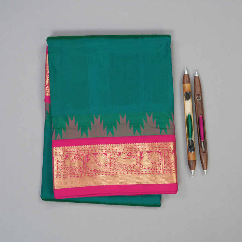 Hayagrivas Handloom Peacock Green Ten Yards Silk Saree KBF102D4-17
