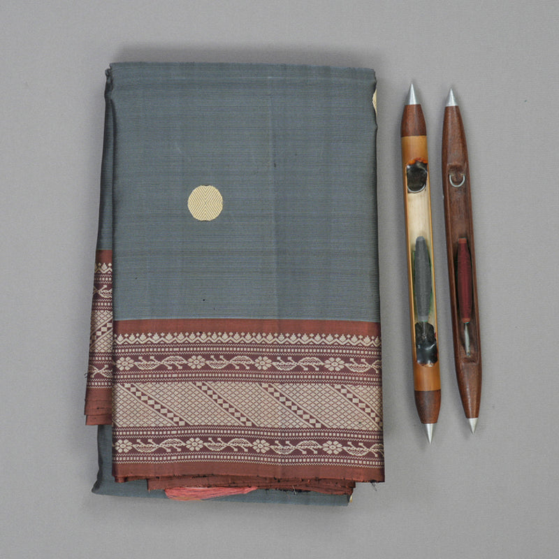 Hayagrivas Handloom Grey Kanjivaram Silk Saree with Rust Border KBF104D3-2