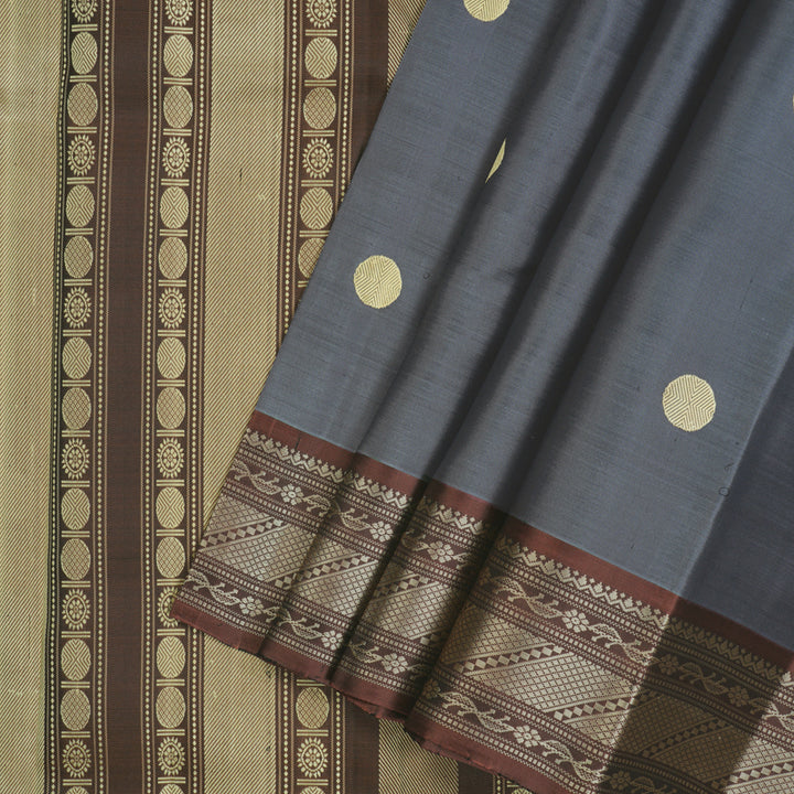 Hayagrivas Handloom Grey Kanjivaram Silk Saree with Rust Border KBF104D3-2