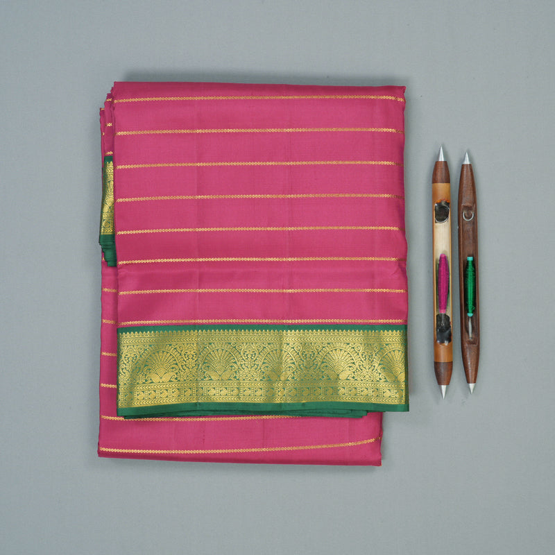 Hayagrivas Handloom Persian Pink Ten Yards Silk Saree with Dark Green Border KBF10D2-1