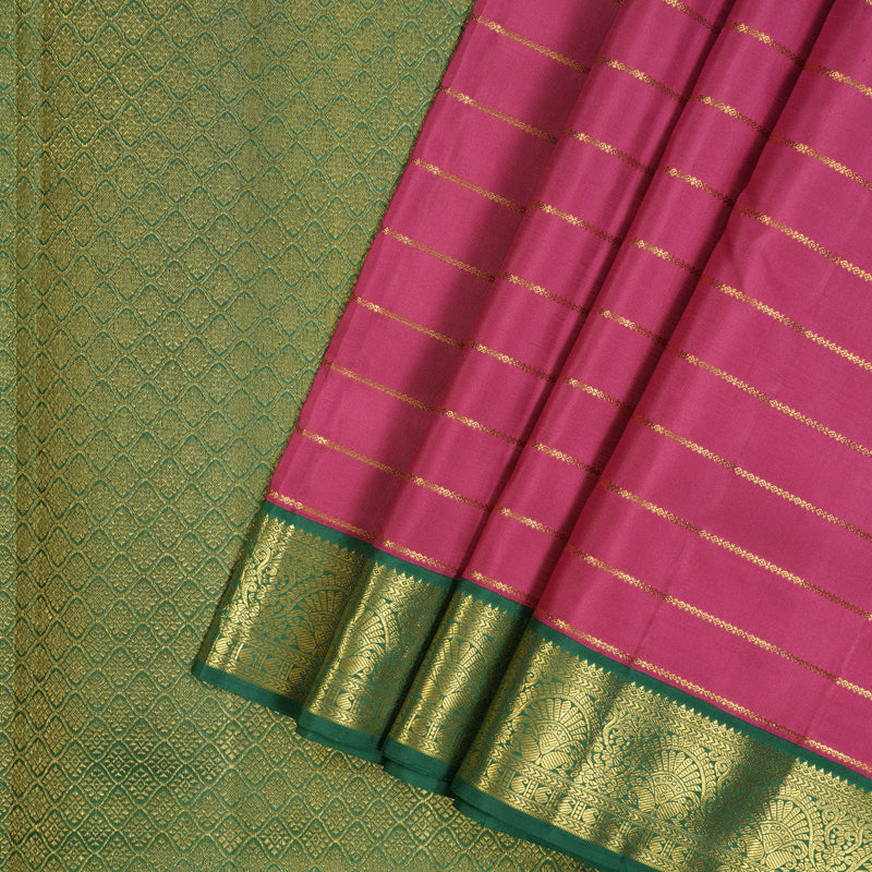 Hayagrivas Handloom Persian Pink Ten Yards Silk Saree with Dark Green Border KBF10D2-1