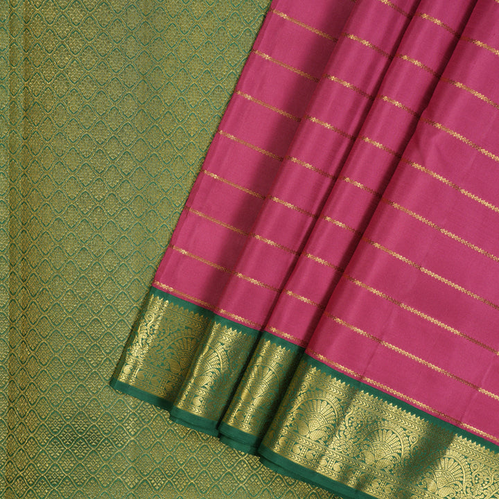 Hayagrivas Handloom Persian Pink Ten Yards Silk Saree with Dark Green Border KBF10D2-1
