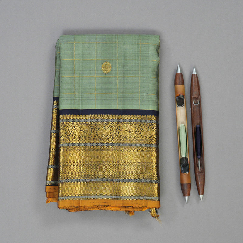 Hayagrivas Handloom Cement Green Kanjivaram Silk Saree with Karum Neelam Border KBF110D3-1