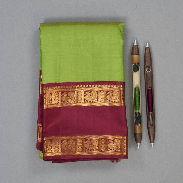 Hayagrivas Handloom Elaichi Green Kanjivaram Silk Saree with Maroon Border KBF112D1-1