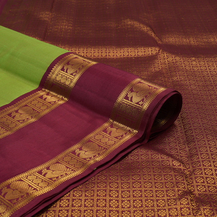 Hayagrivas Handloom Elaichi Green Kanjivaram Silk Saree with Maroon Border KBF112D1-1