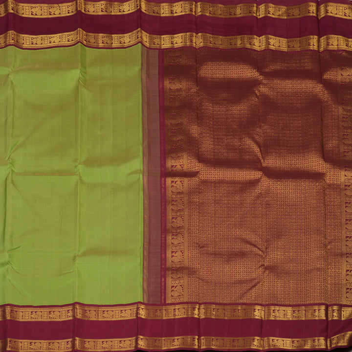 Hayagrivas Handloom Elaichi Green Kanjivaram Silk Saree with Maroon Border KBF112D1-1