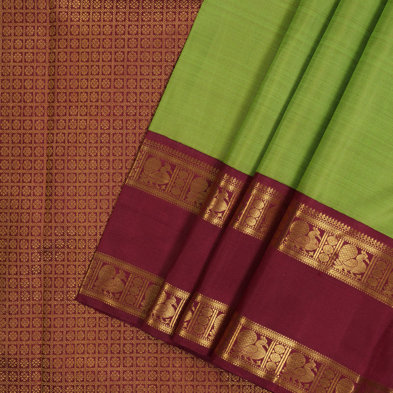 Hayagrivas Handloom Elaichi Green Kanjivaram Silk Saree with Maroon Border KBF112D1-1