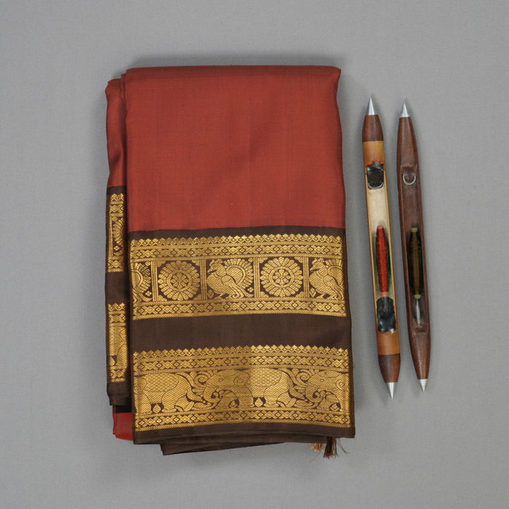 Hayagrivas Handloom Brick Red Kanjivaram Silk Saree with Chocolate Brown Border KBF112D1-3
