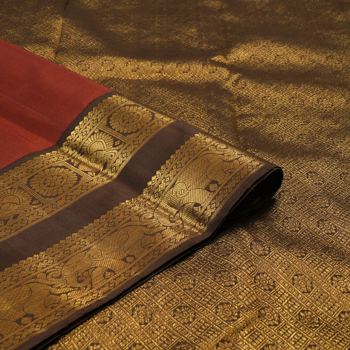 Hayagrivas Handloom Brick Red Kanjivaram Silk Saree with Chocolate Brown Border KBF112D1-3