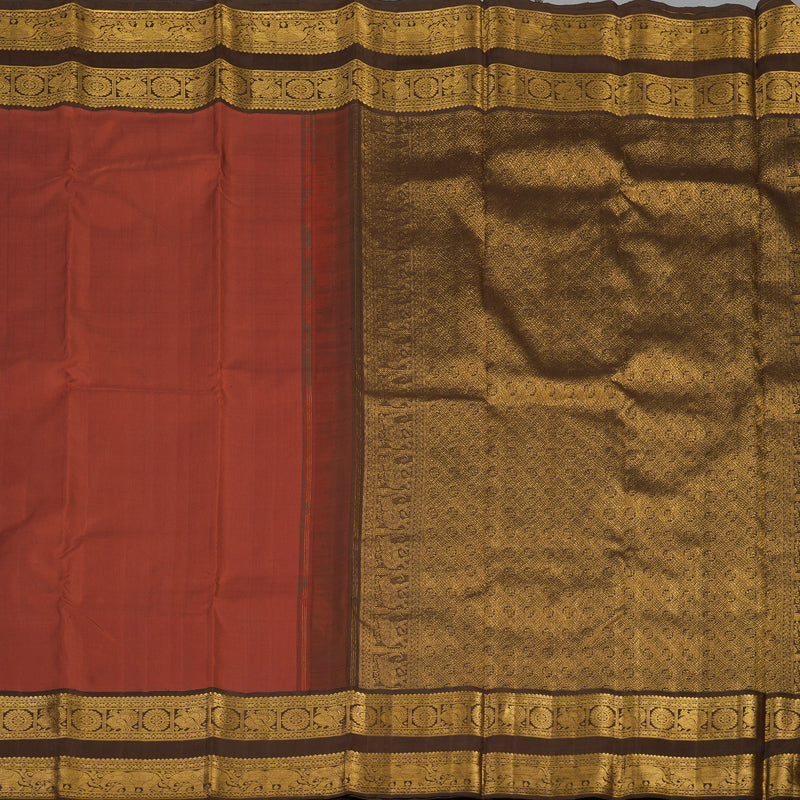 Hayagrivas Handloom Brick Red Kanjivaram Silk Saree with Chocolate Brown Border KBF112D1-3