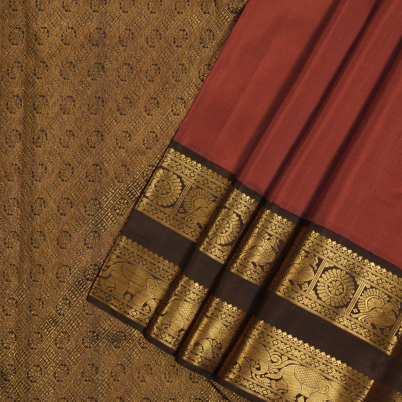 Hayagrivas Handloom Brick Red Kanjivaram Silk Saree with Chocolate Brown Border KBF112D1-3