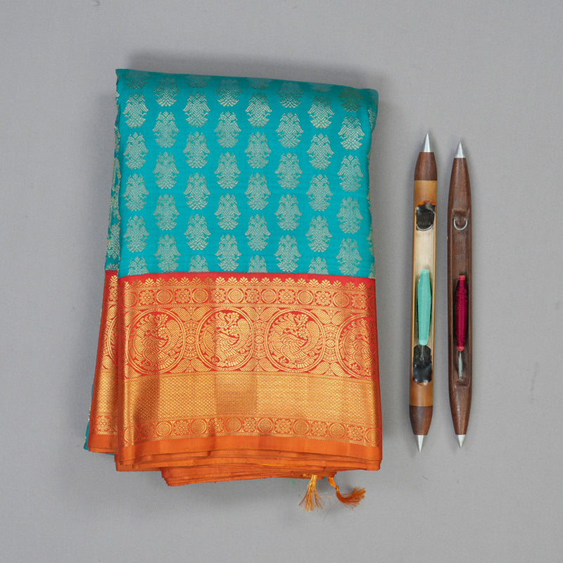 Hayagrivas Handloom Teal Blue Kanjivaram Silk Saree with Red Border KBF113D3-1