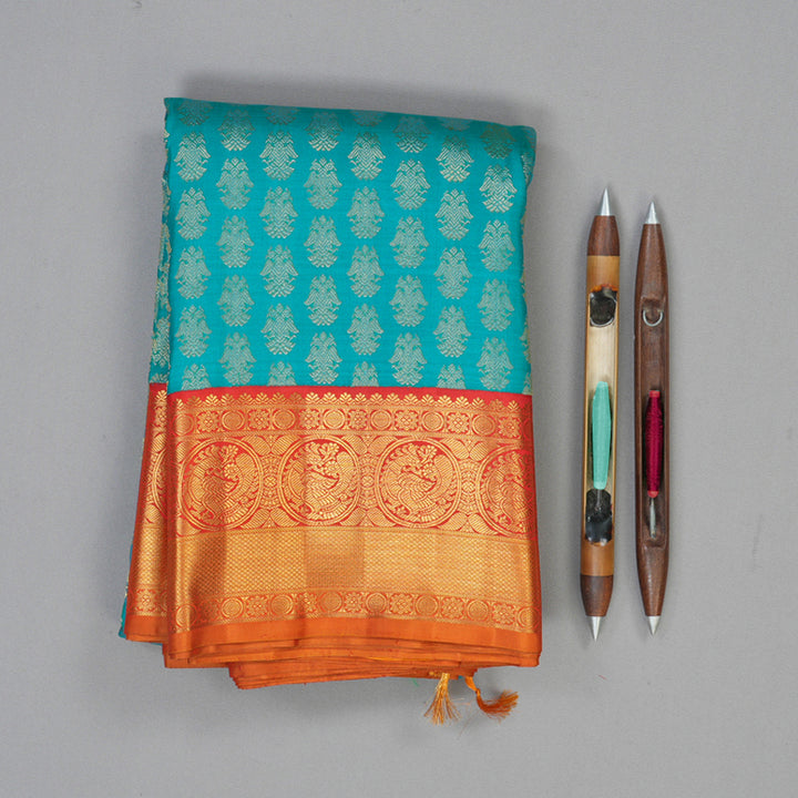 Hayagrivas Handloom Teal Blue Kanjivaram Silk Saree with Red Border KBF113D3-1