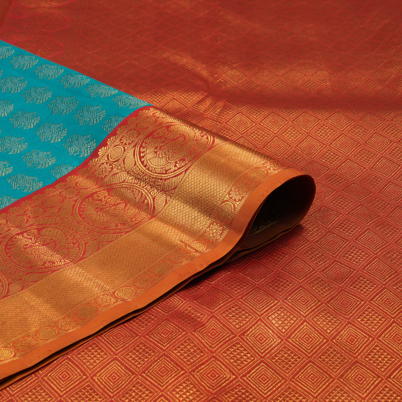Hayagrivas Handloom Teal Blue Kanjivaram Silk Saree with Red Border KBF113D3-1