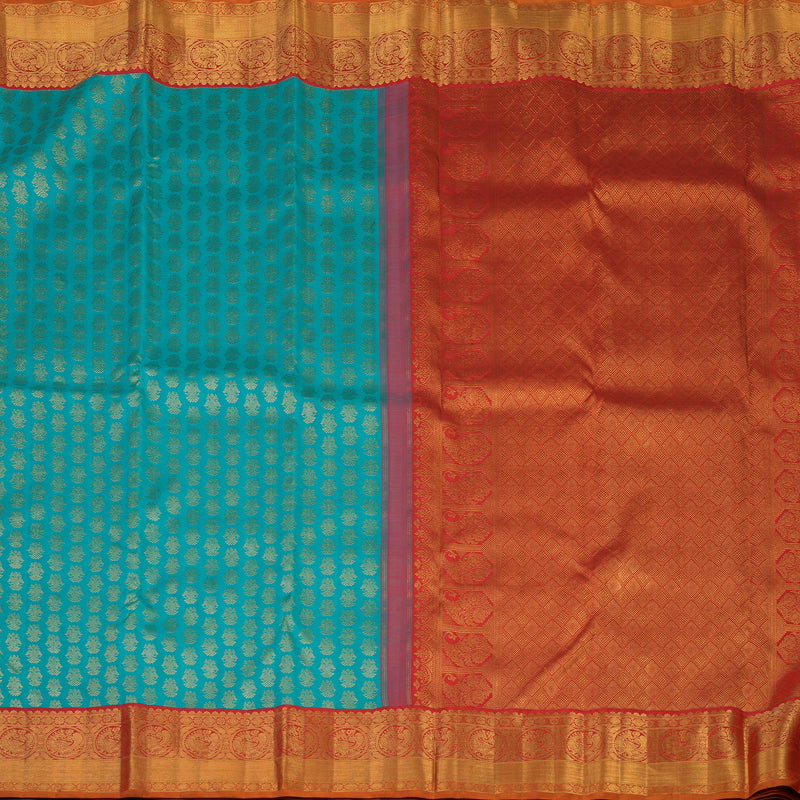 Hayagrivas Handloom Teal Blue Kanjivaram Silk Saree with Red Border KBF113D3-1