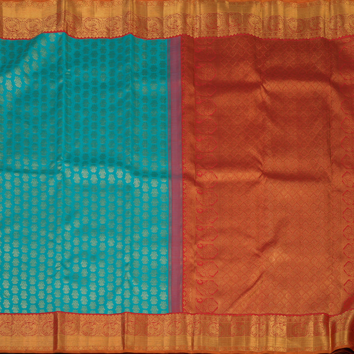 Hayagrivas Handloom Teal Blue Kanjivaram Silk Saree with Red Border KBF113D3-1