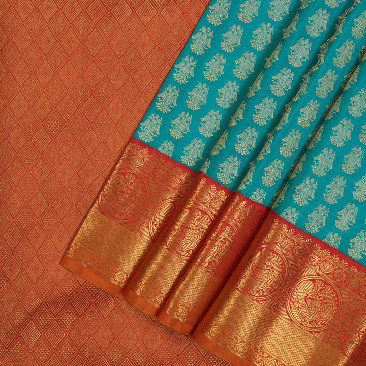 Hayagrivas Handloom Teal Blue Kanjivaram Silk Saree with Red Border KBF113D3-1