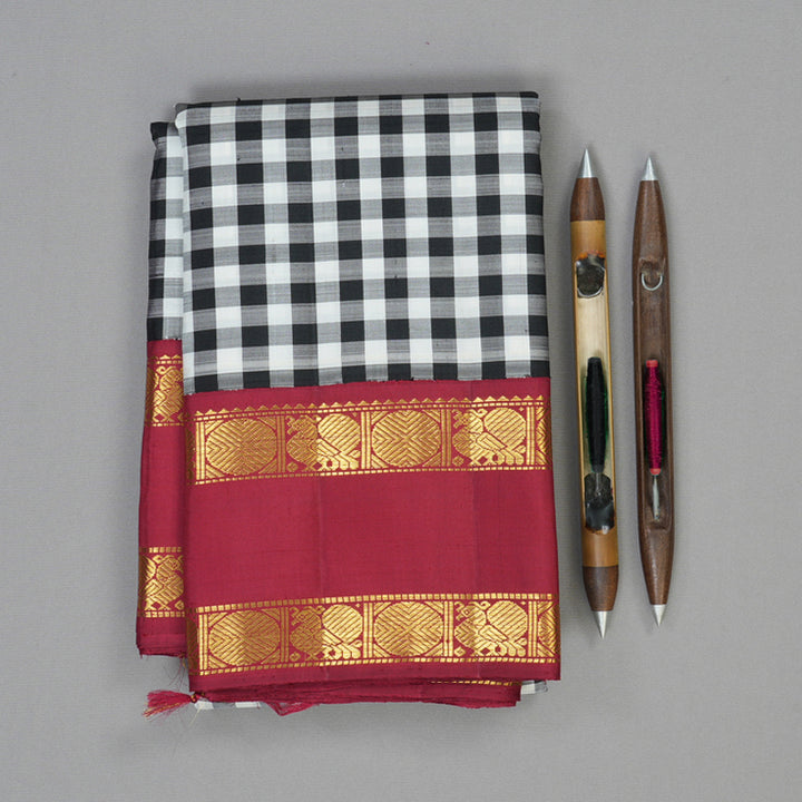 Hayagrivas Handloom Black & White Checks Kanjivaram Silk Saree with Maroon Border KBF116D8-1