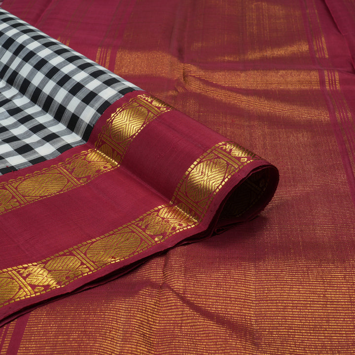 Hayagrivas Handloom Black & White Checks Kanjivaram Silk Saree with Maroon Border KBF116D8-1