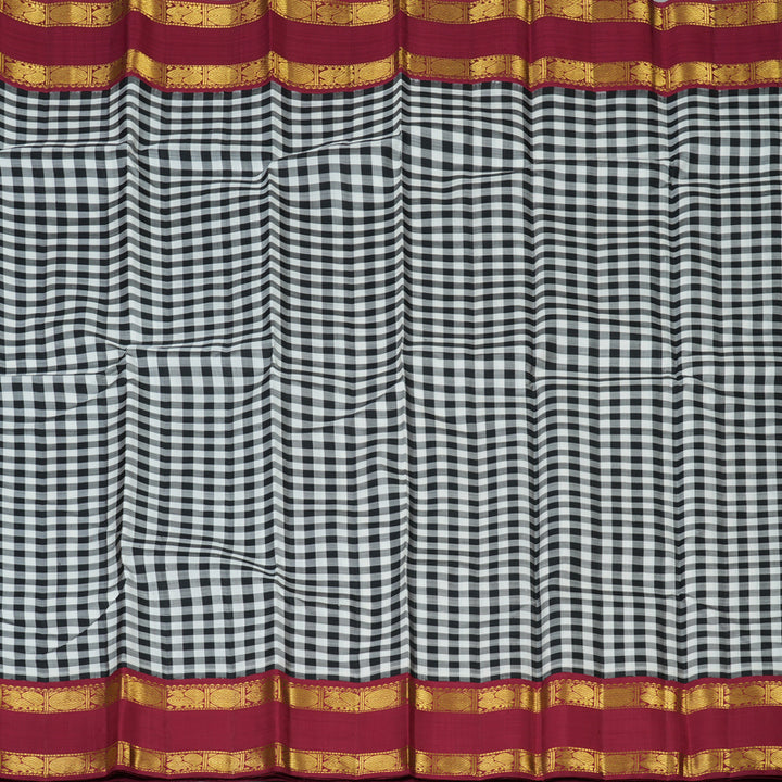 Hayagrivas Handloom Black & White Checks Kanjivaram Silk Saree with Maroon Border KBF116D8-1