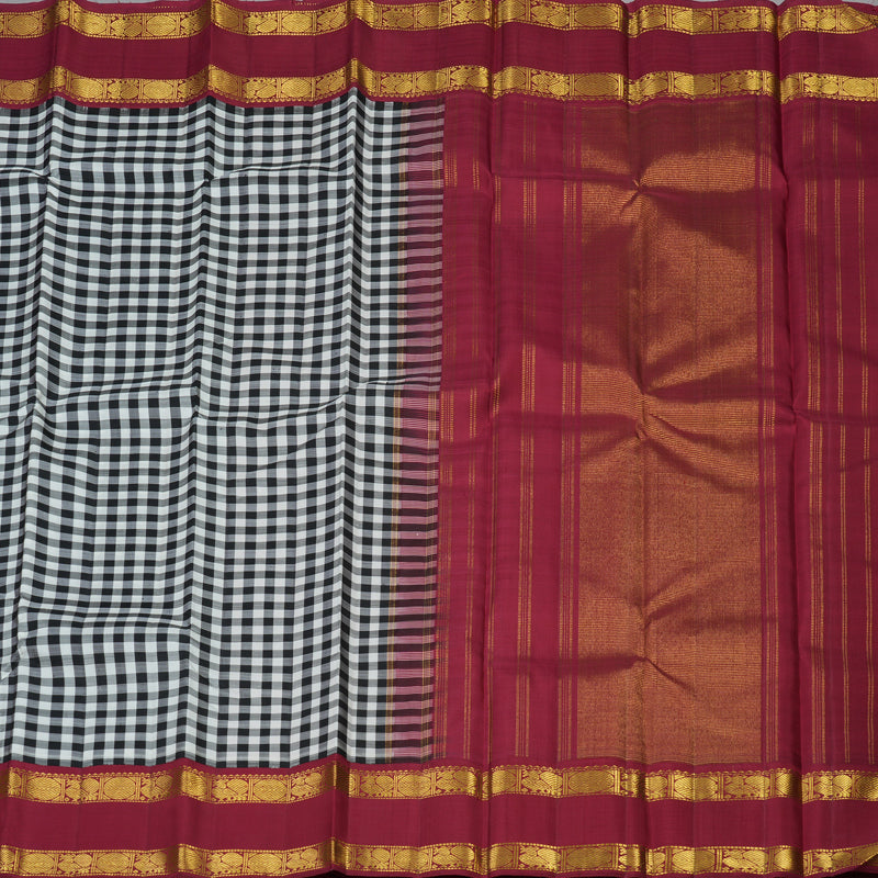 Hayagrivas Handloom Black & White Checks Kanjivaram Silk Saree with Maroon Border KBF116D8-1
