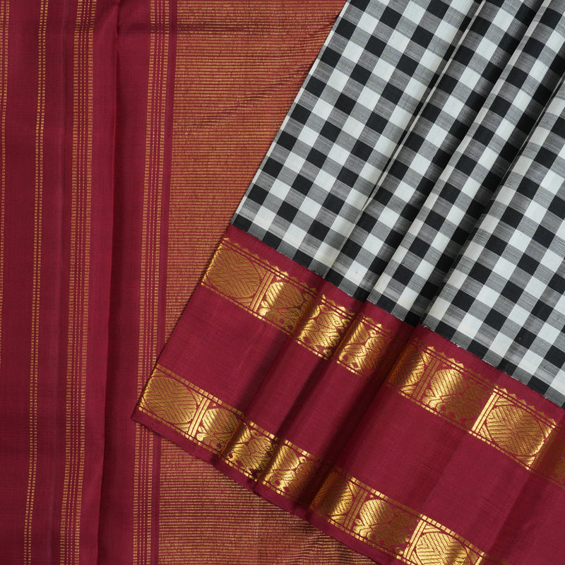 Hayagrivas Handloom Black & White Checks Kanjivaram Silk Saree with Maroon Border KBF116D8-1