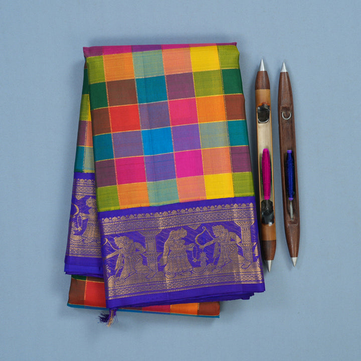 Hayagrivas Handloom Multicolour Checks Kanjivaram Silk Saree with MS Blue Border KBF11D10-1