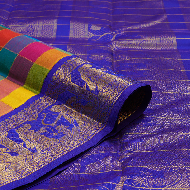 Hayagrivas Handloom Multicolour Checks Kanjivaram Silk Saree with MS Blue Border KBF11D10-1