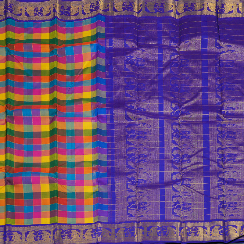 Hayagrivas Handloom Multicolour Checks Kanjivaram Silk Saree with MS Blue Border KBF11D10-1
