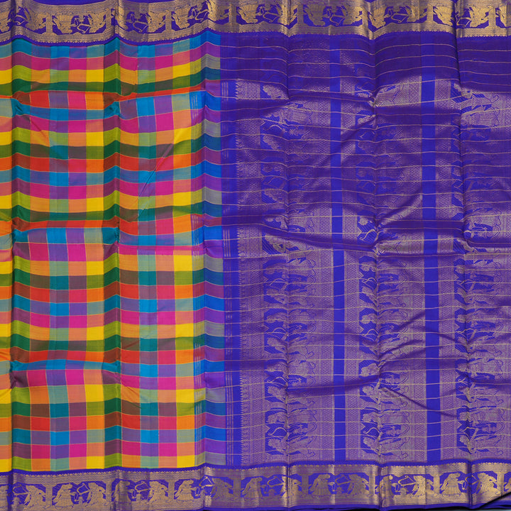 Hayagrivas Handloom Multicolour Checks Kanjivaram Silk Saree with MS Blue Border KBF11D10-1