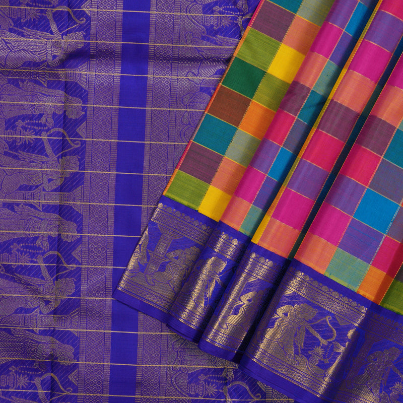 Hayagrivas Handloom Multicolour Checks Kanjivaram Silk Saree with MS Blue Border KBF11D10-1