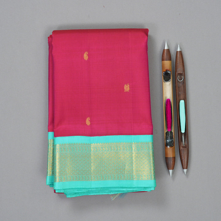 Hayagrivas Handloom Rani Pink Kanjivaram Silk Saree with Teal Border KBF11D13-1