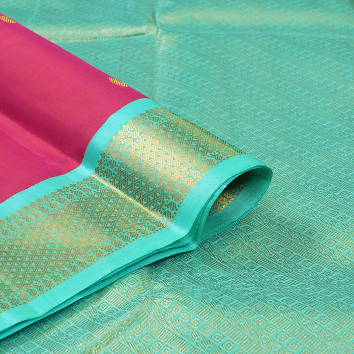 Hayagrivas Handloom Rani Pink Kanjivaram Silk Saree with Teal Border KBF11D13-1