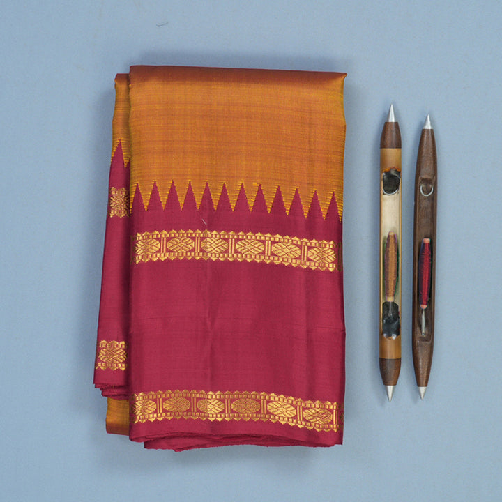 Hayagrivas Handloom Sunset Orange Kanjivaram Silk Saree with Maroon Border KBF11D4-1