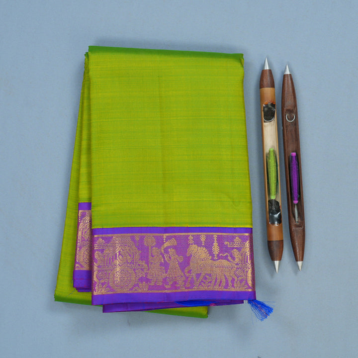 Hayagrivas Handloom Fluorescent Green Kanjivaram Silk Saree with Purple Border KBF11D5-1