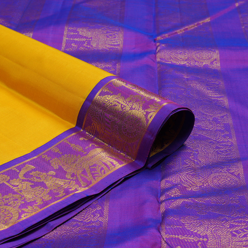 Hayagrivas Handloom Yellow Kanjivaram Silk Saree with Purple Border KBF11D5-2