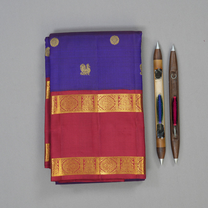 Hayagrivas Handloom Purplish-Blue Kanjivaram Silk Saree with Maroon Border KBF11D8-1