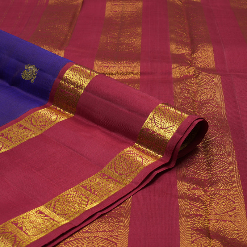 Hayagrivas Handloom Purplish-Blue Kanjivaram Silk Saree with Maroon Border KBF11D8-1