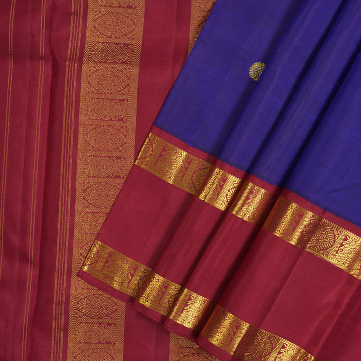 Hayagrivas Handloom Purplish-Blue Kanjivaram Silk Saree with Maroon Border KBF11D8-1