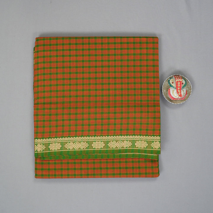 Hayagrivas Green With Maroon Podi Checks Handloom Ten Yards Cotton Saree KBF127D1-4