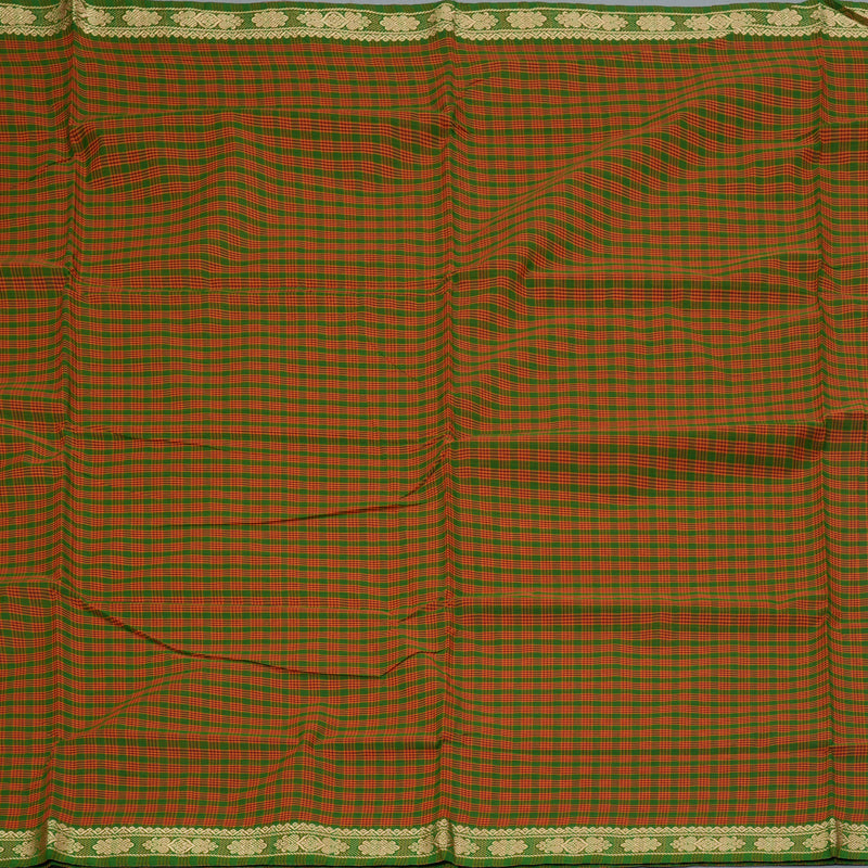 Hayagrivas Green With Maroon Podi Checks Handloom Ten Yards Cotton Saree KBF127D1-4