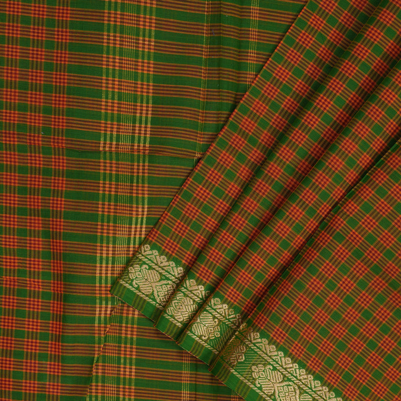Hayagrivas Green With Maroon Podi Checks Handloom Ten Yards Cotton Saree KBF127D1-4
