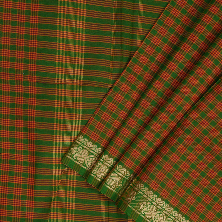 Hayagrivas Green With Maroon Podi Checks Handloom Ten Yards Cotton Saree KBF127D1-4