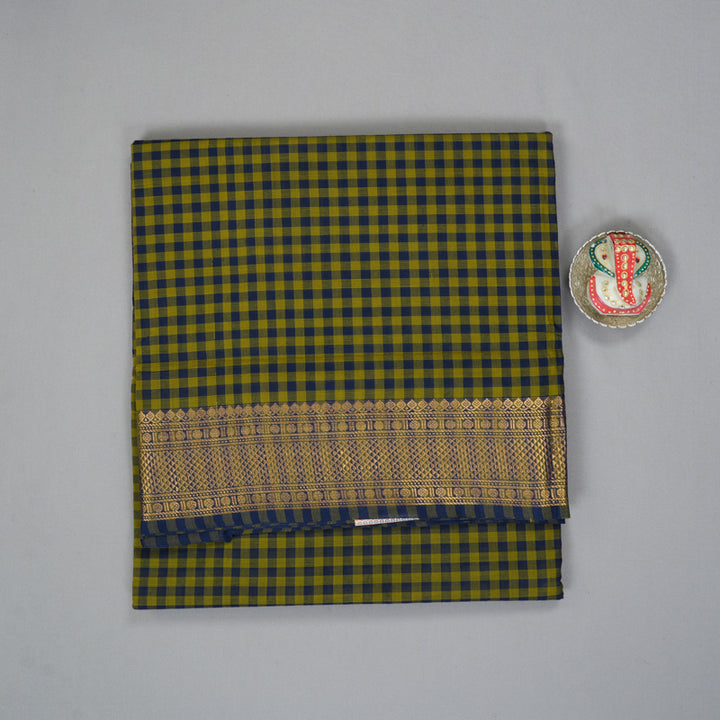 Hayagrivas Green with Blue Podi Checks Handloom Ten Yards Cotton Saree KBF127D4-8